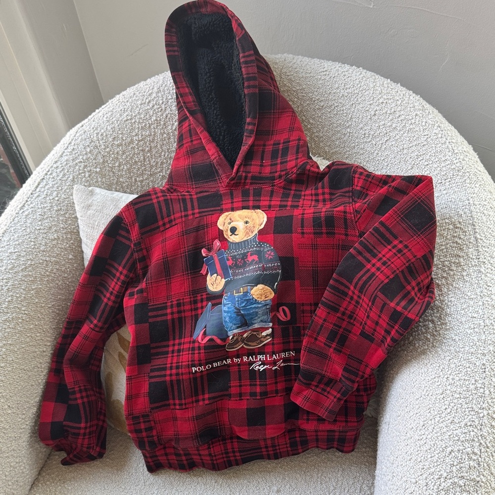 Polo by Ralph Lauren Kids Red and Black Plaid Bear Hoodie (kids 10/12)